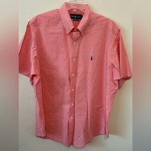 Ralph Lauren Shirt Mens XL Salmon Pink Oxford Button Up Short Sleeve Blue Pony‎